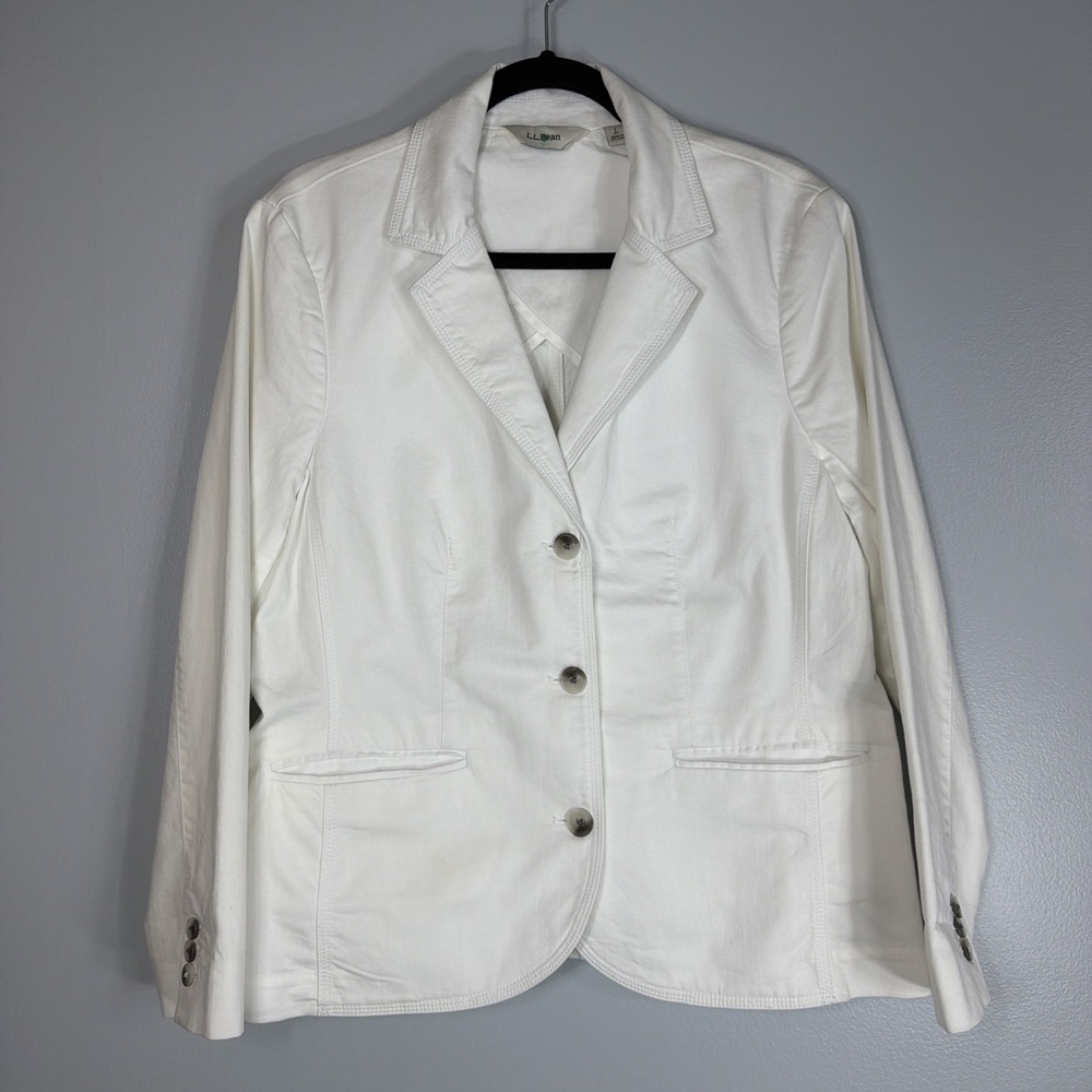 LL Bean White Cotton Stretch Blazer Minimalist Jacket Womens Large Petite